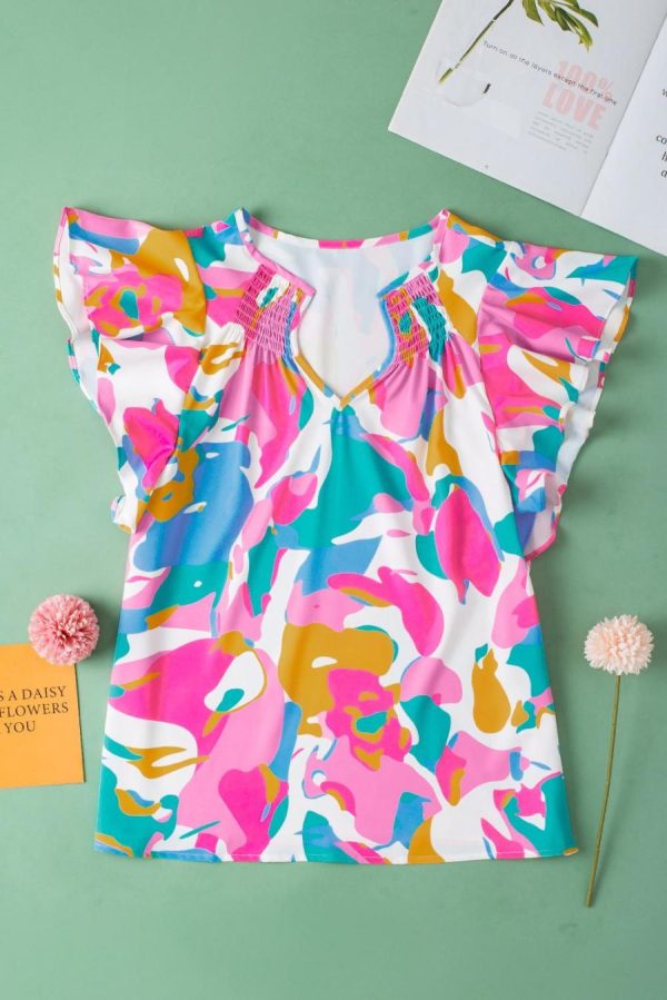 Women Blouses | Multicolour Abstract Print Smocked Notched Neck Ruffle Blouse - Image 4