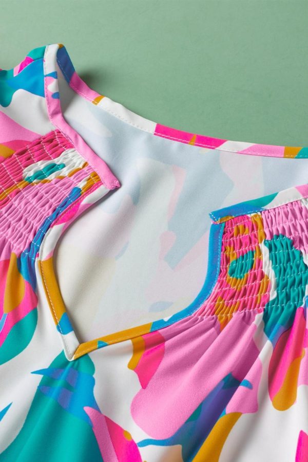 Women Blouses | Multicolour Abstract Print Smocked Notched Neck Ruffle Blouse - Image 5