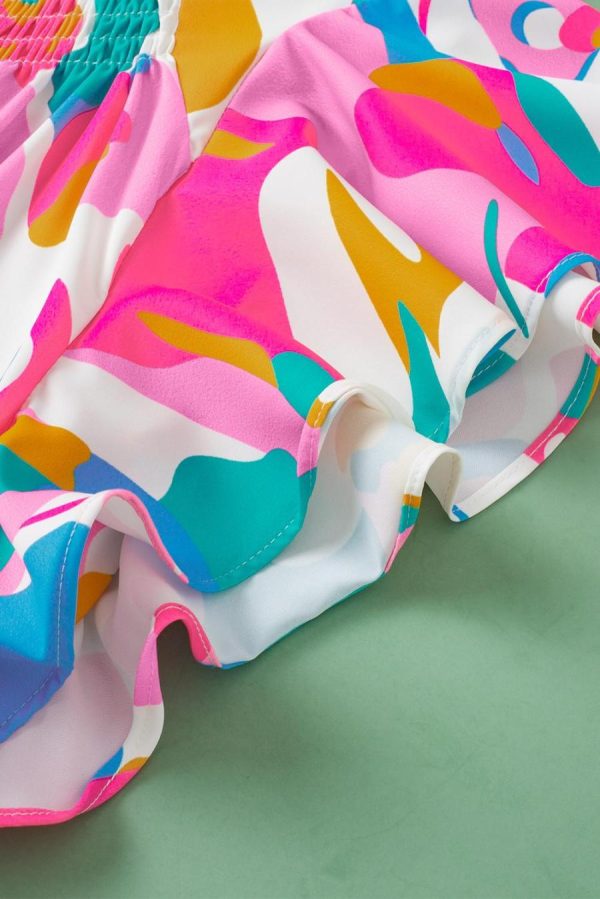 Women Blouses | Multicolour Abstract Print Smocked Notched Neck Ruffle Blouse - Image 6