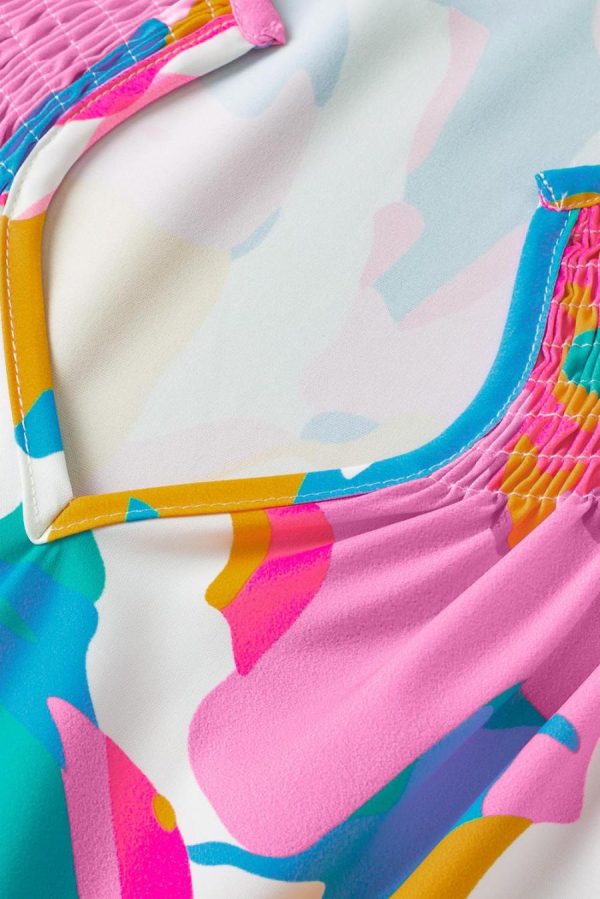 Women Blouses | Multicolour Abstract Print Smocked Notched Neck Ruffle Blouse - Image 7