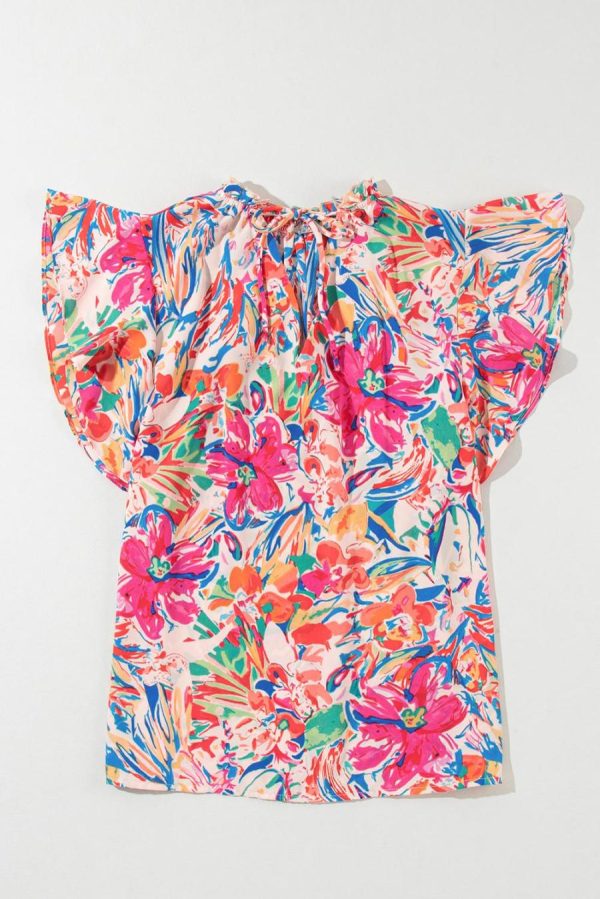 Women Blouses | Multicolour Floral Print Tied V-Neck Ruffle Sleeve Blouse - Image 7