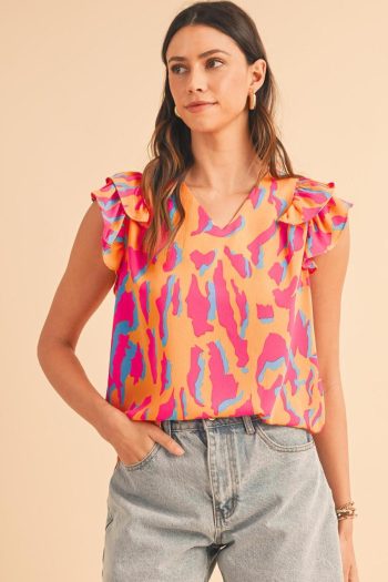 Women Blouses | Orange Abstract Print V Neck Ruffled Sleeve Blouse