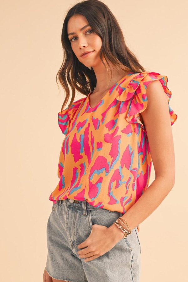 Women Blouses | Orange Abstract Print V Neck Ruffled Sleeve Blouse - Image 2