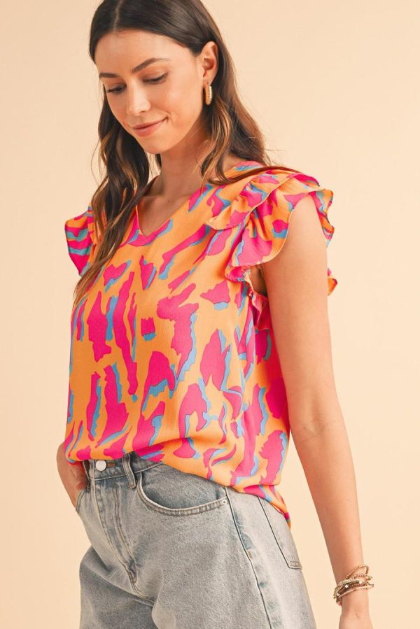 Women Blouses | Orange Abstract Print V Neck Ruffled Sleeve Blouse - Image 3