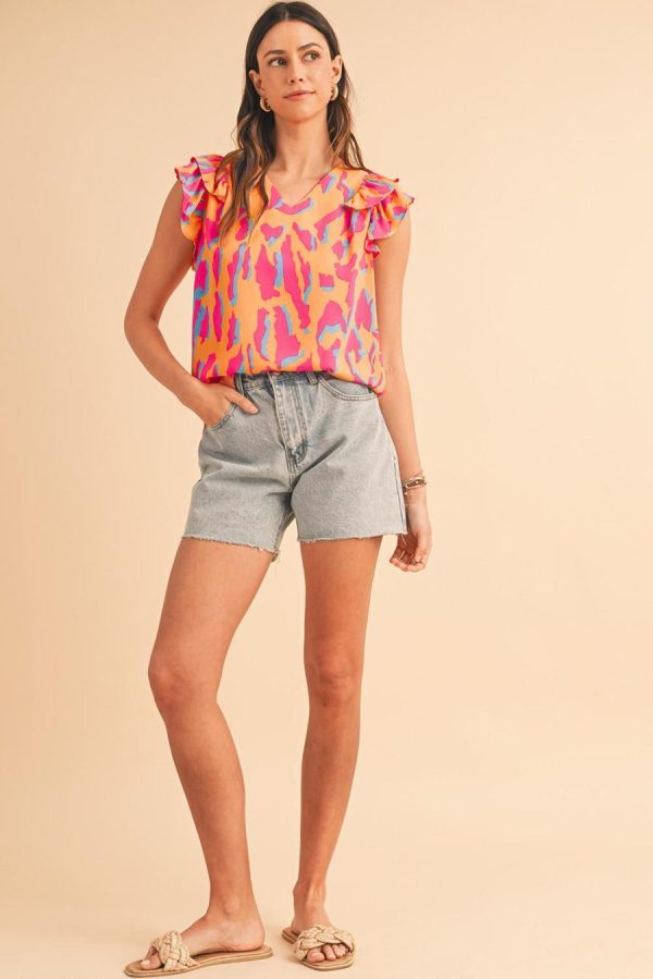 Women Blouses | Orange Abstract Print V Neck Ruffled Sleeve Blouse - Image 4
