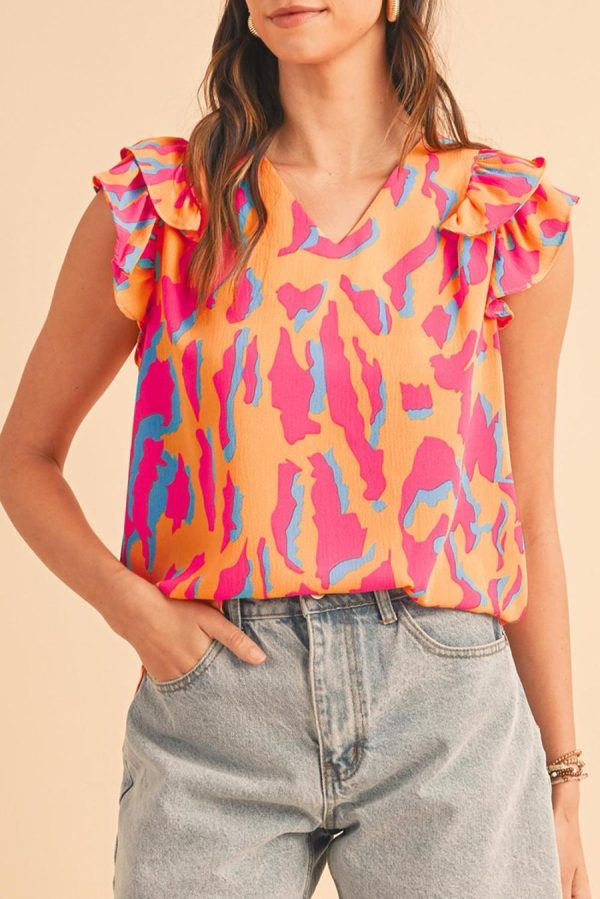Women Blouses | Orange Abstract Print V Neck Ruffled Sleeve Blouse - Image 5