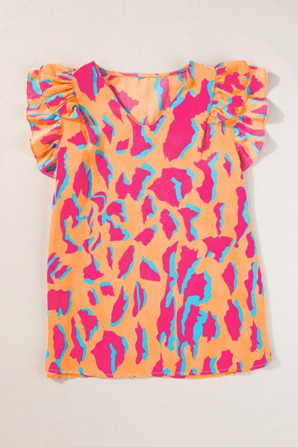 Women Blouses | Orange Abstract Print V Neck Ruffled Sleeve Blouse - Image 6