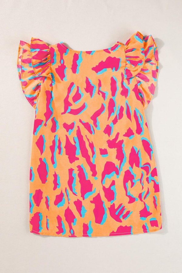 Women Blouses | Orange Abstract Print V Neck Ruffled Sleeve Blouse - Image 7