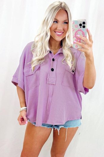 Women Blouses | Orchid Bouquet Corded Flap Pocket Collared Buttoned Blouse