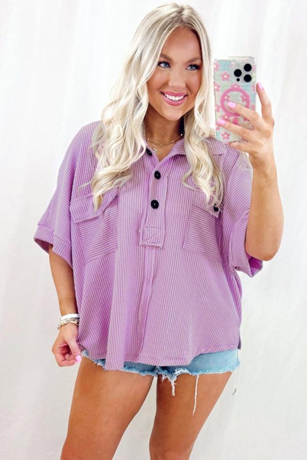Women Blouses | Orchid Bouquet Corded Flap Pocket Collared Buttoned Blouse