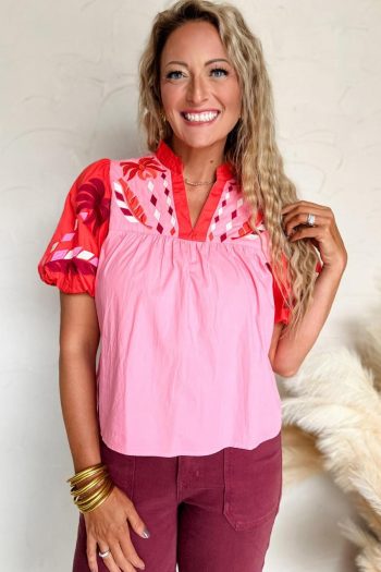 Women Blouses | Pink Floral Embroidered Puff Sleeve Babydoll Pop Of Color Neckline Blouse