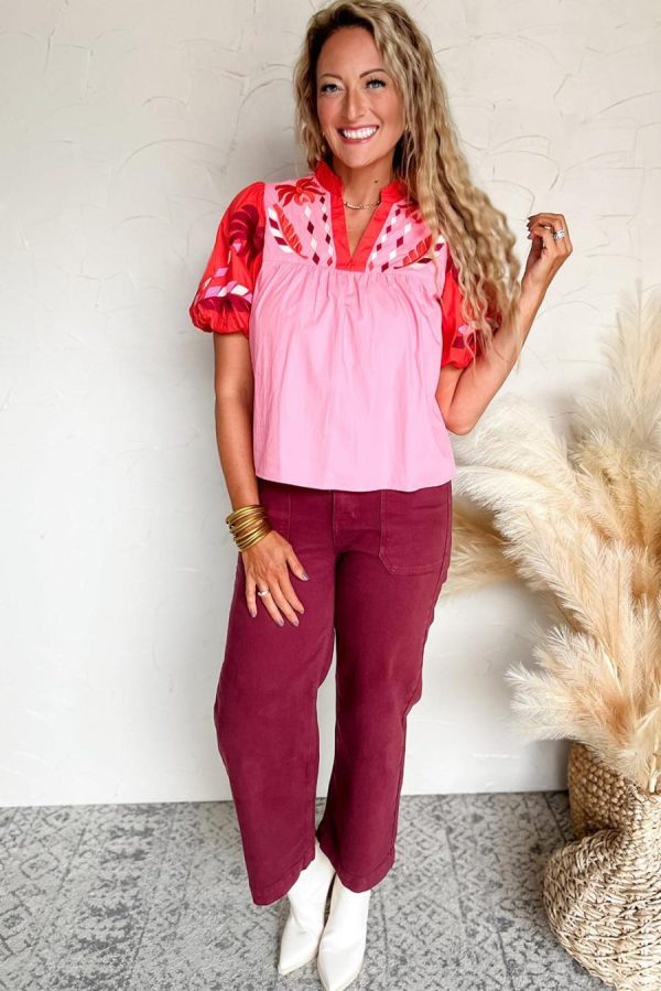 Women Blouses | Pink Floral Embroidered Puff Sleeve Babydoll Pop Of Color Neckline Blouse - Image 2