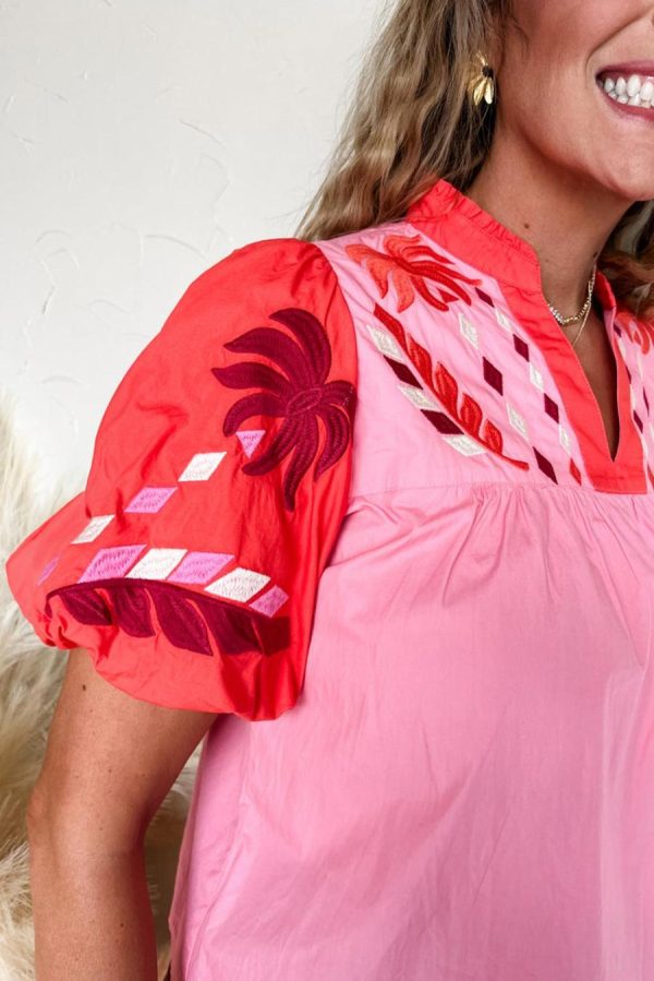 Women Blouses | Pink Floral Embroidered Puff Sleeve Babydoll Pop Of Color Neckline Blouse - Image 3
