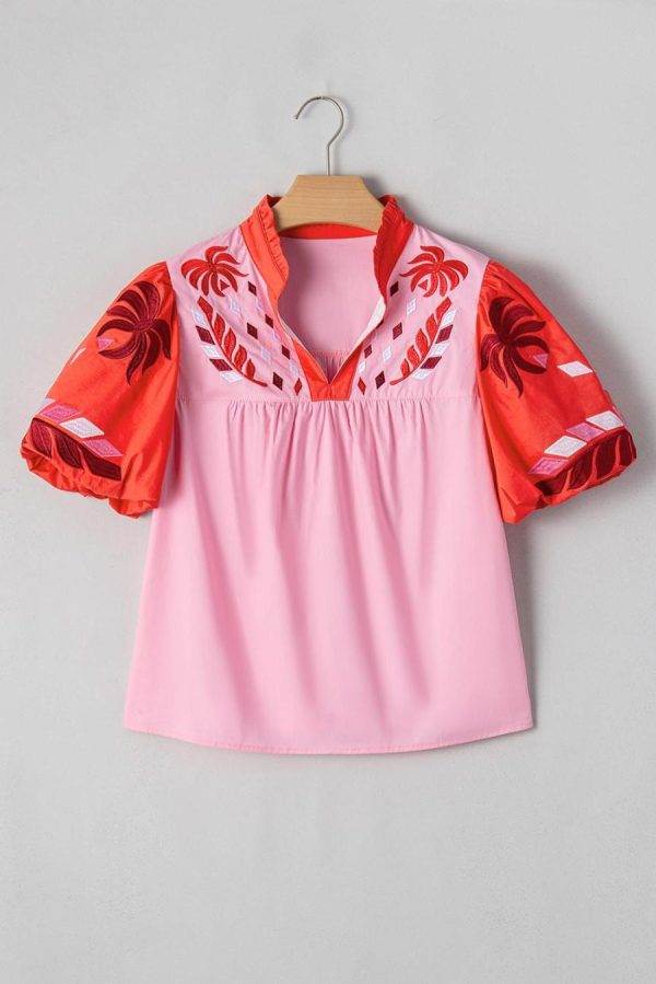Women Blouses | Pink Floral Embroidered Puff Sleeve Babydoll Pop Of Color Neckline Blouse - Image 4