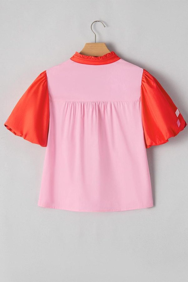 Women Blouses | Pink Floral Embroidered Puff Sleeve Babydoll Pop Of Color Neckline Blouse - Image 5