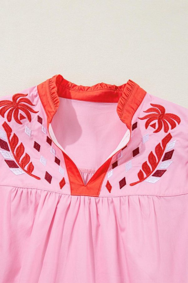 Women Blouses | Pink Floral Embroidered Puff Sleeve Babydoll Pop Of Color Neckline Blouse - Image 6