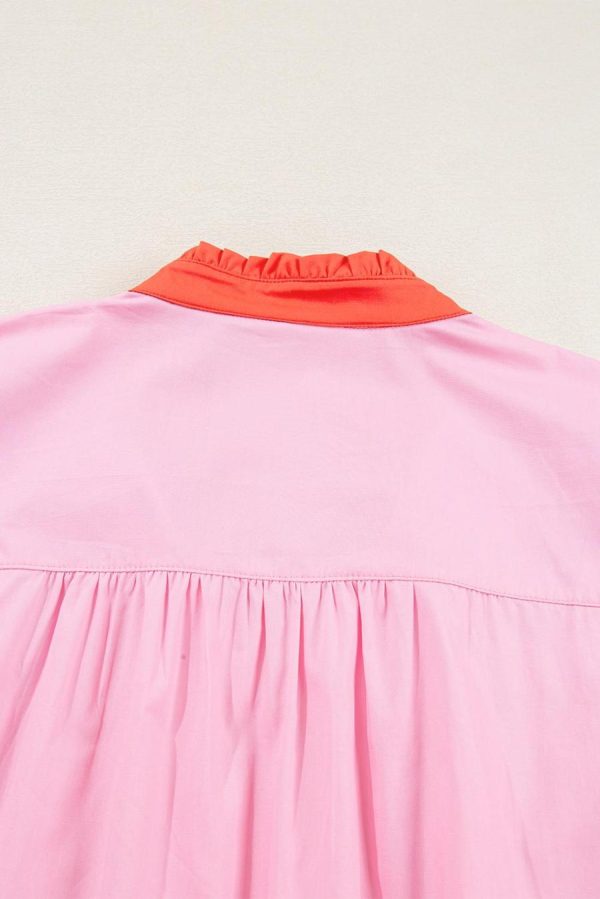 Women Blouses | Pink Floral Embroidered Puff Sleeve Babydoll Pop Of Color Neckline Blouse - Image 7