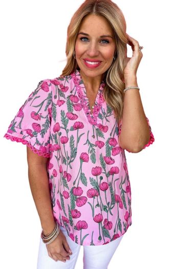 Women Blouses | Pink Floral Print Lace Detail Frill V Neck Blouse