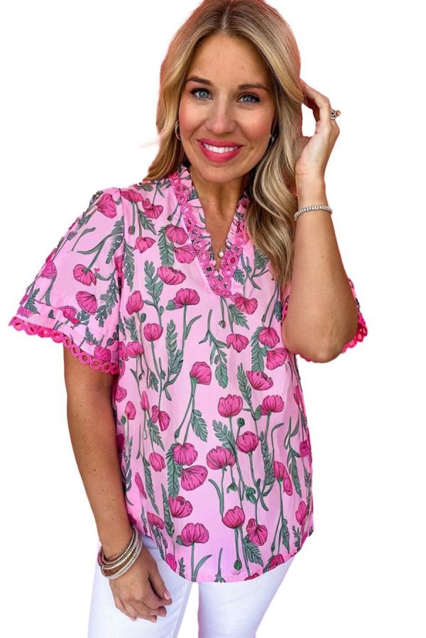 Women Blouses | Pink Floral Print Lace Detail Frill V Neck Blouse