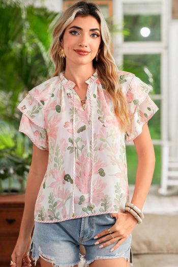 Women Blouses | Pink Floral Print Striped Detail Tiered Ruffle Sleeve V Neck Blouse