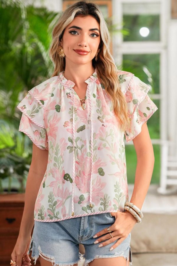 Women Blouses | Pink Floral Print Striped Detail Tiered Ruffle Sleeve V Neck Blouse
