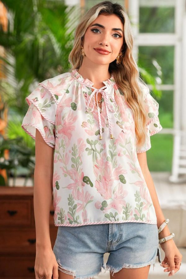 Women Blouses | Pink Floral Print Striped Detail Tiered Ruffle Sleeve V Neck Blouse - Image 2