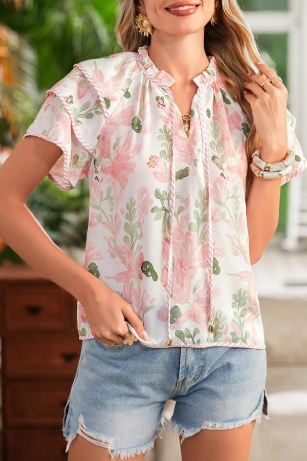 Women Blouses | Pink Floral Print Striped Detail Tiered Ruffle Sleeve V Neck Blouse - Image 4