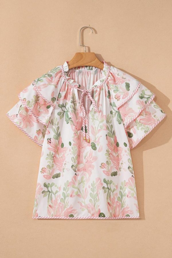 Women Blouses | Pink Floral Print Striped Detail Tiered Ruffle Sleeve V Neck Blouse - Image 5