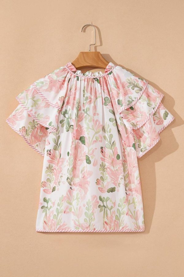 Women Blouses | Pink Floral Print Striped Detail Tiered Ruffle Sleeve V Neck Blouse - Image 6