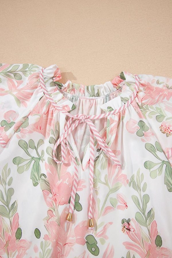 Women Blouses | Pink Floral Print Striped Detail Tiered Ruffle Sleeve V Neck Blouse - Image 7
