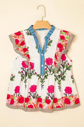 Women Blouses | Pink Floral Print Striped Patchwork Flutter Sleeve Blouse