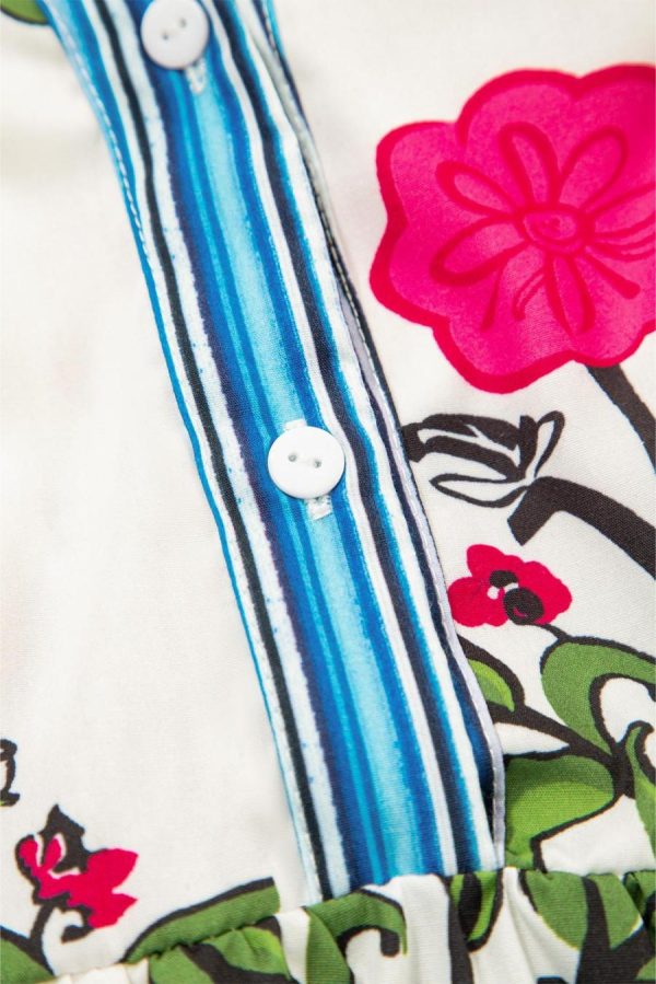Women Blouses | Pink Floral Print Striped Patchwork Flutter Sleeve Blouse - Image 4