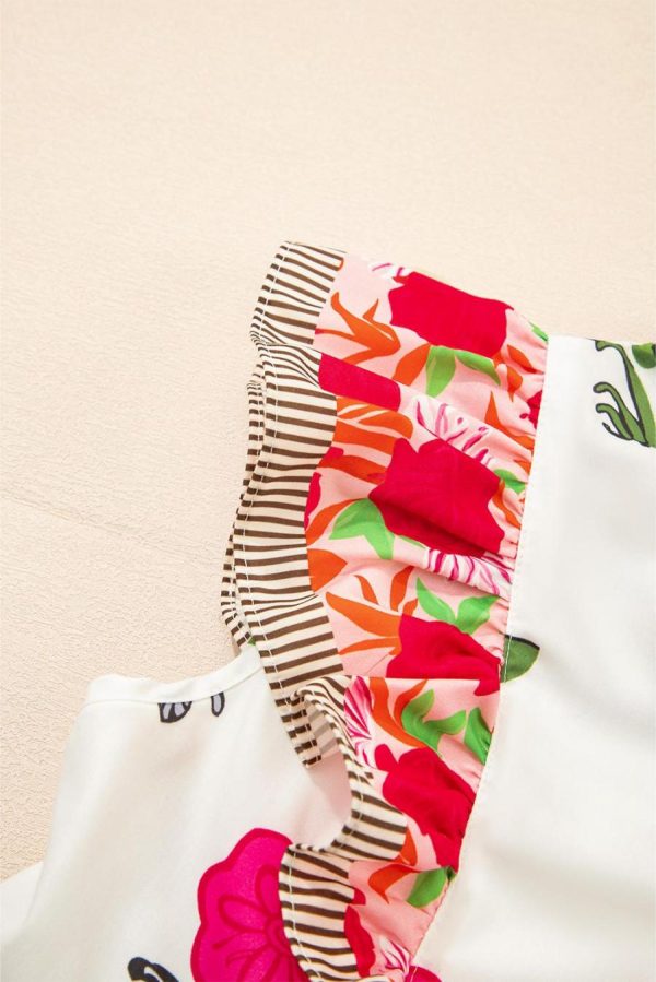 Women Blouses | Pink Floral Print Striped Patchwork Flutter Sleeve Blouse - Image 5