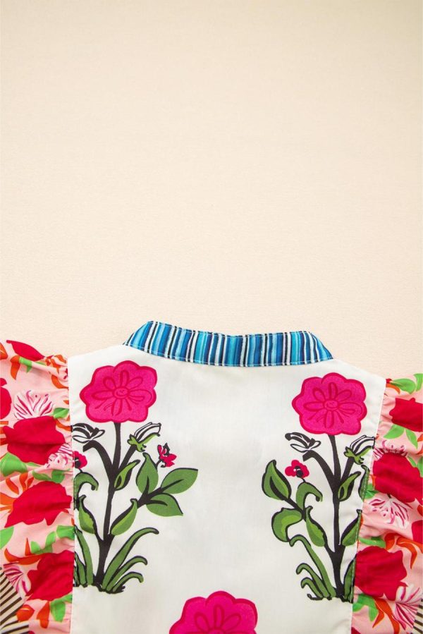 Women Blouses | Pink Floral Print Striped Patchwork Flutter Sleeve Blouse - Image 6