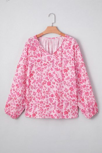 Women Blouses | Pink Floral Puff Sleeve Split Neck Blouse
