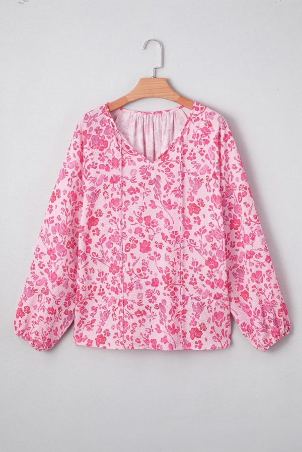 Women Blouses | Pink Floral Puff Sleeve Split Neck Blouse