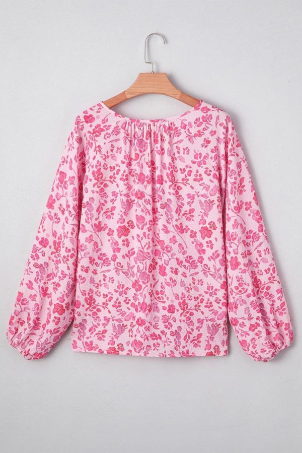 Women Blouses | Pink Floral Puff Sleeve Split Neck Blouse - Image 2