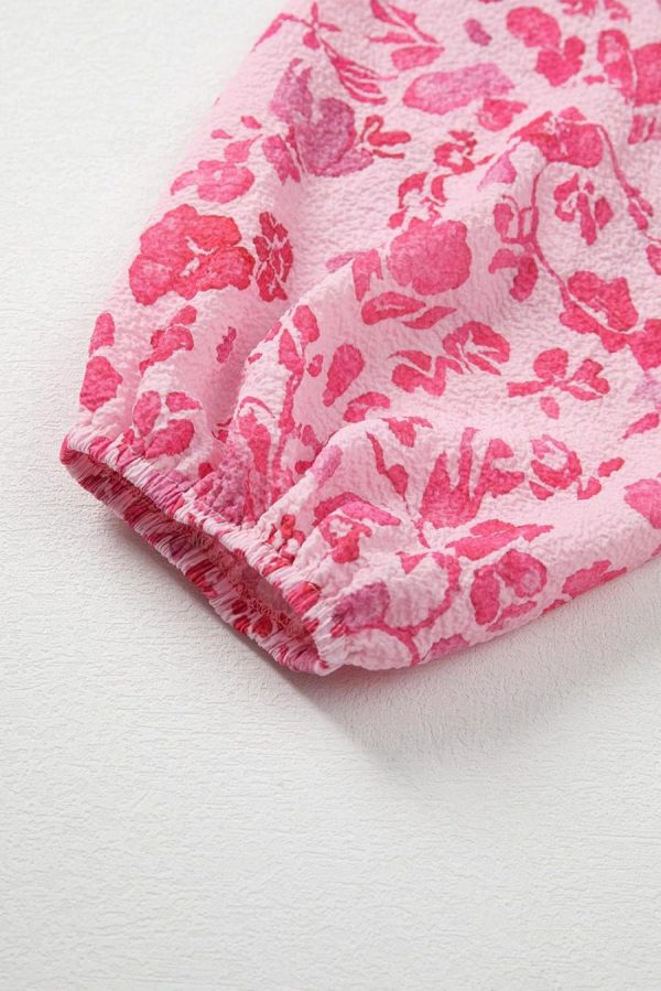 Women Blouses | Pink Floral Puff Sleeve Split Neck Blouse - Image 4