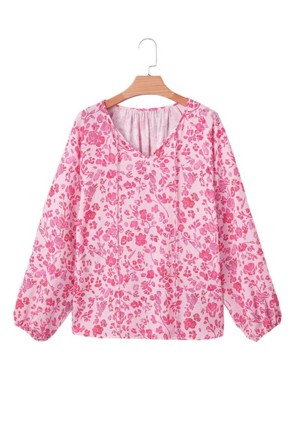 Women Blouses | Pink Floral Puff Sleeve Split Neck Blouse - Image 7