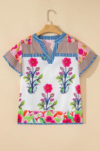 Women Blouses | Pink Floral Striped Patchwork Short Sleeve Split Neck Blouse