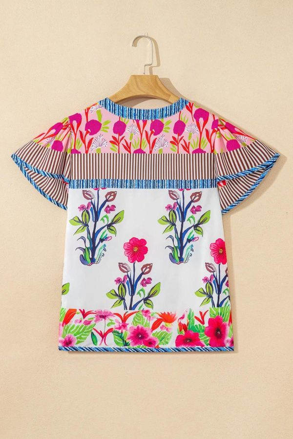 Women Blouses | Pink Floral Striped Patchwork Short Sleeve Split Neck Blouse - Image 2