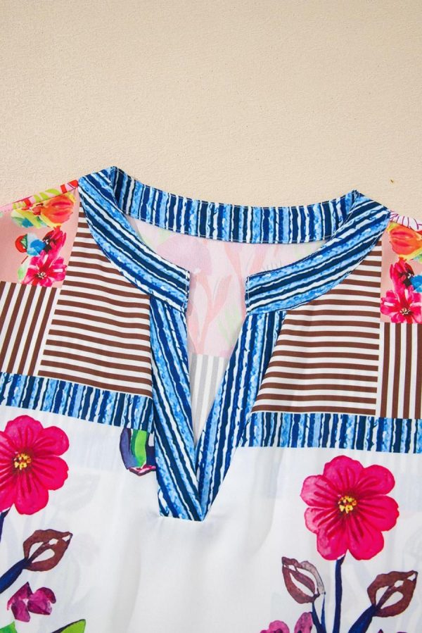 Women Blouses | Pink Floral Striped Patchwork Short Sleeve Split Neck Blouse - Image 3