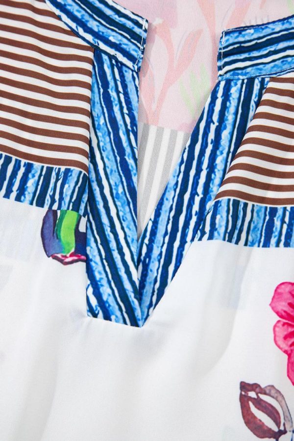 Women Blouses | Pink Floral Striped Patchwork Short Sleeve Split Neck Blouse - Image 4