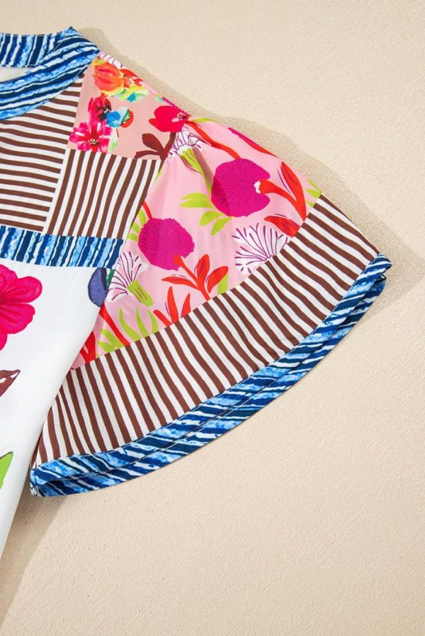 Women Blouses | Pink Floral Striped Patchwork Short Sleeve Split Neck Blouse - Image 5
