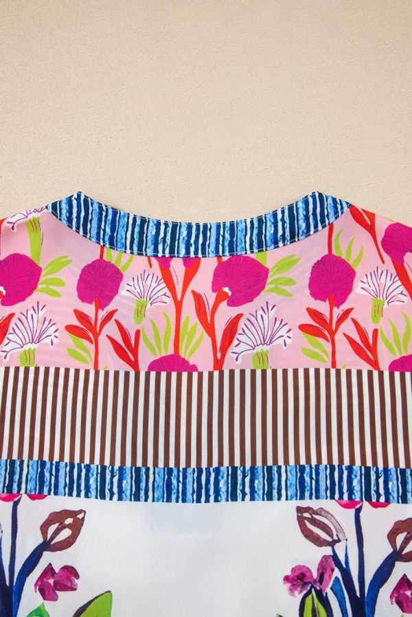 Women Blouses | Pink Floral Striped Patchwork Short Sleeve Split Neck Blouse - Image 7