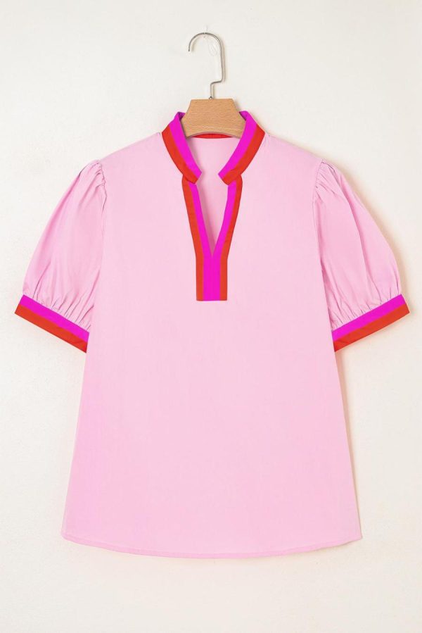 Women Blouses | Pink Puff Sleeve Pop Of Color Neckline Blouse - Image 3