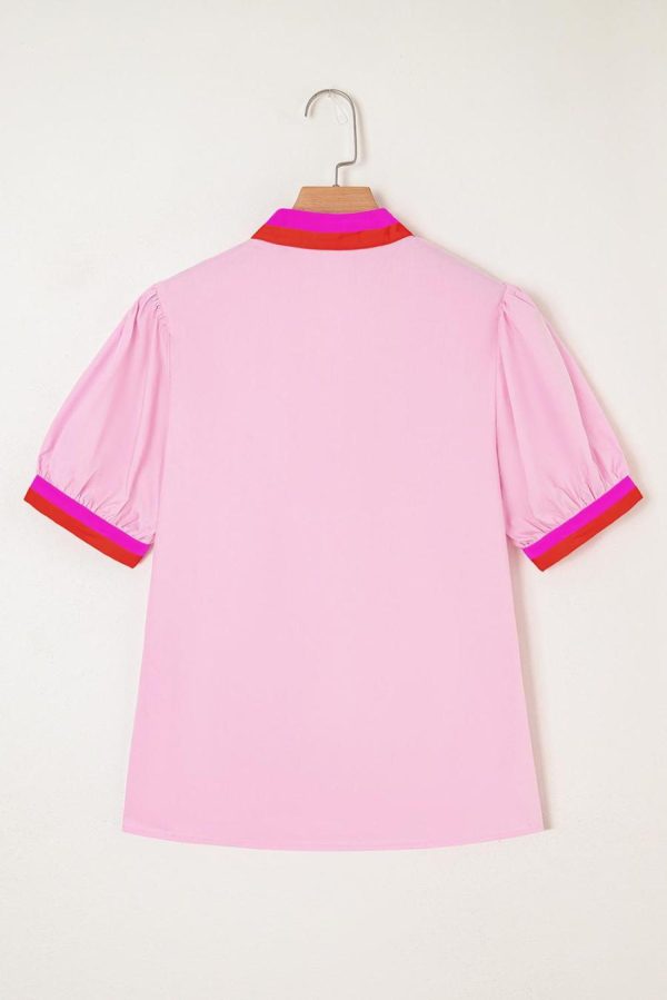 Women Blouses | Pink Puff Sleeve Pop Of Color Neckline Blouse - Image 4