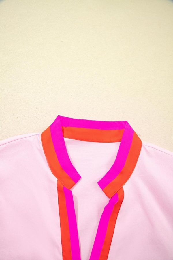 Women Blouses | Pink Puff Sleeve Pop Of Color Neckline Blouse - Image 5