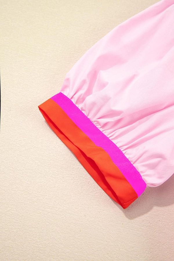 Women Blouses | Pink Puff Sleeve Pop Of Color Neckline Blouse - Image 6