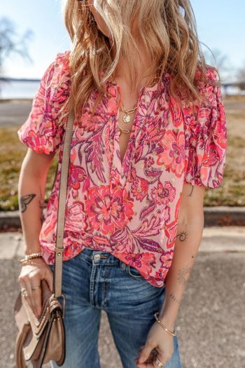 Women Blouses | Red Floral Print Ruffle Puff Short Sleeve Blouse